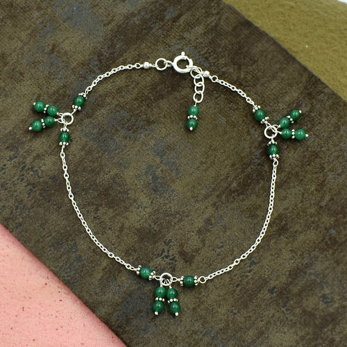 Mz At-20115 Green Onyx Round Gemstone Beaded Anklet 925 Sterling Silver Handmade Gemstone Jewelry For Women Size: Minimum - 27 Maximum - 28.5