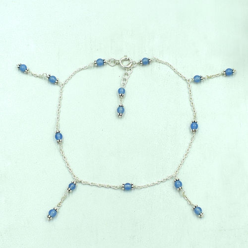 MZ AT-20123 Blue Chalcedony Gemstone Beaded Anklet 925 Sterling Silver handmade Silver Jewelry