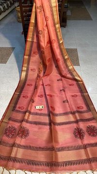 Pure Tissue Tussar Silk Hand Block Printed Saree -  Soft Silk Fabric, Elegant Design, Includes Matching Blouse | Perfect For All Seasons, Designed For Party Wear