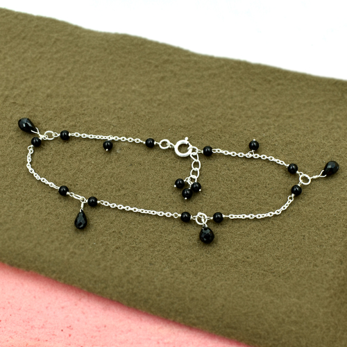 Mz At-20147 Natural Black Onyx Gemstone Anklet 925 Sterling Silver Handmade Silver Beaded Jewelry Gender: Unisex