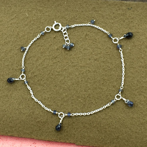 Mz At-20155 Natural Iolite Gemstone Anklet 925 Sterling Silver Handmade Unique Beaded Anklet Gender: Women