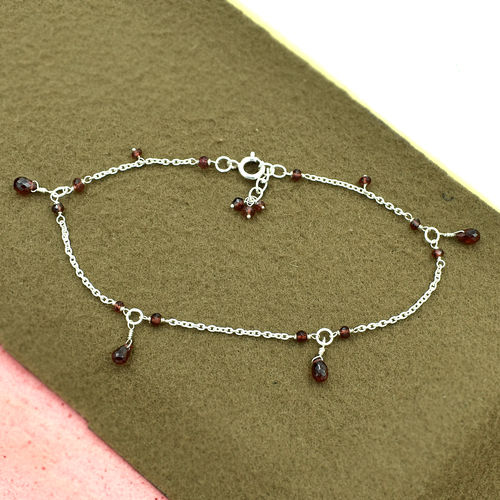 Mz At-20159 Natural Garnet Gemstone Beaded Anklet 925 Sterling Silver Handmade Gemstone Jewelry For Women Size: Minimum - 27 Maximum - 28.5