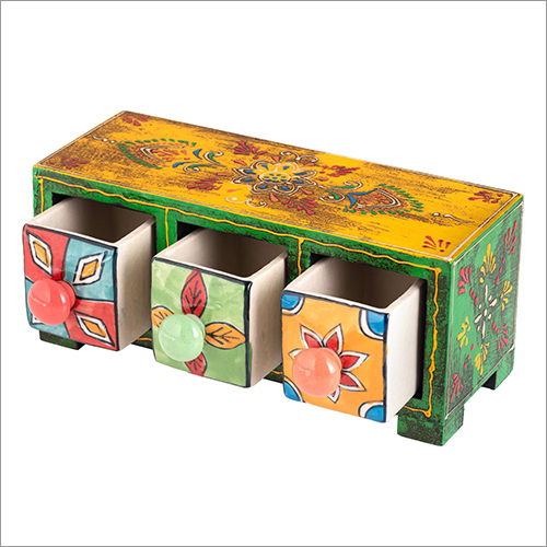 Multicolor 3 Drawer Wooden Cermic Storage Box
