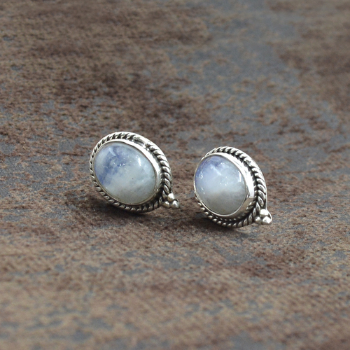 MZ ER-2515 925 Sterling Silver Natural Rainbow Moonstone Blue Fire Flashy Oval Shape Gemstone Stud Earring For Women By SILVESTO INDIA
