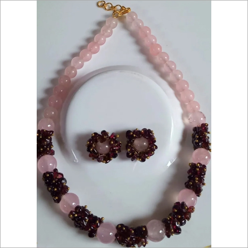 Rose Quartz Stone Necklace With Earrings By SAMAD AGATE