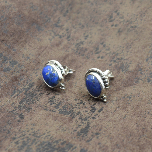 MZ ER-2520 925 Sterling Silver Natural Lapis Lazuli Oval Shape Gemstone Stud Earring For Women