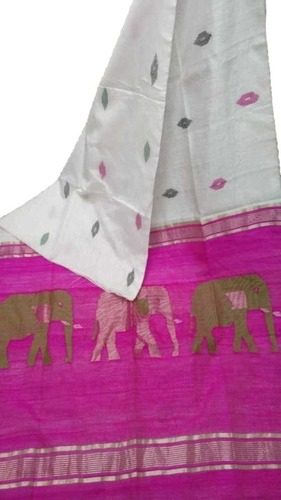 White Elephant Design Cotton Silk Saree