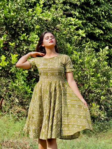 Batik Peplum Dress in Mehendi & Multi Blue