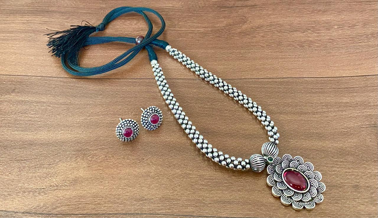 German Silver Necklace With Jhumka Earrings