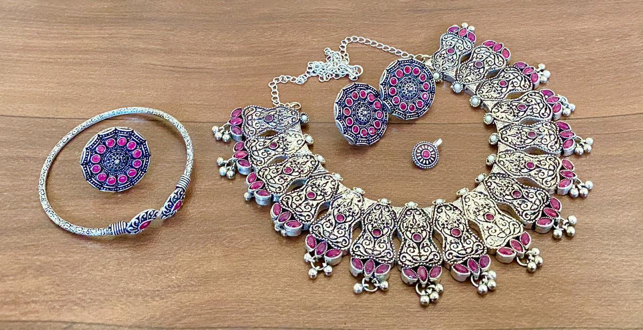 German Silver Necklace With Jhumka Earrings