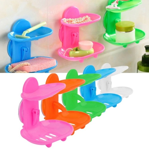 Double Layer Suction Soap Dish - 13.8 x 10.1 x 13 Cm, Plastic Material in Random Color, Ideal for Bathroom Use