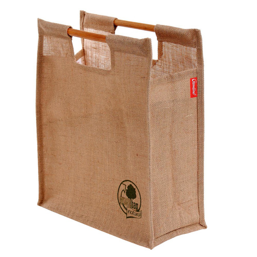 PP Laminated Jute Shopping Bag With Bamboo Straight Handle