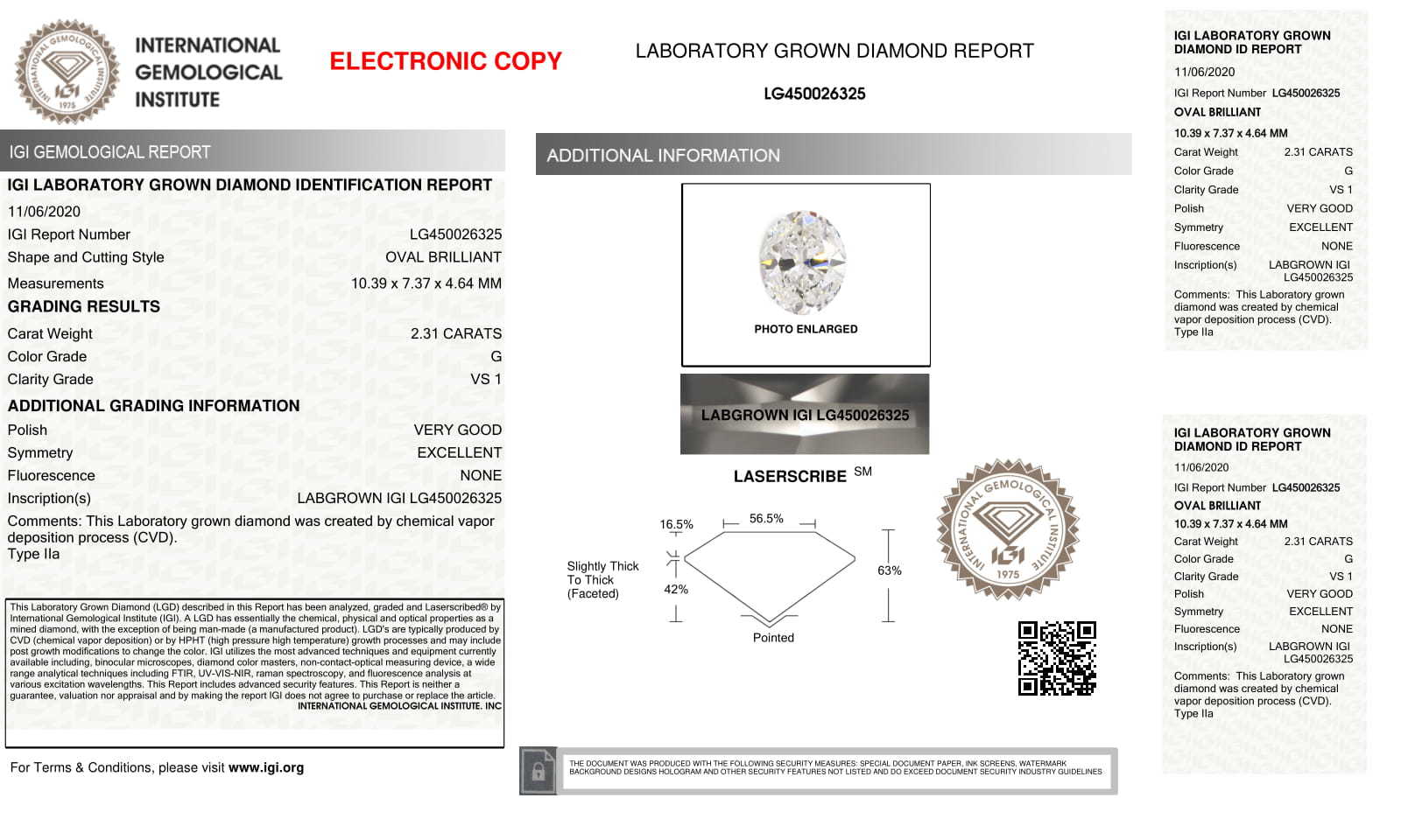 Oval Brilliant Cut 2.31ct G VS1 CVD IGI Certified Lab Grown Diamond TYPE2A 450026325