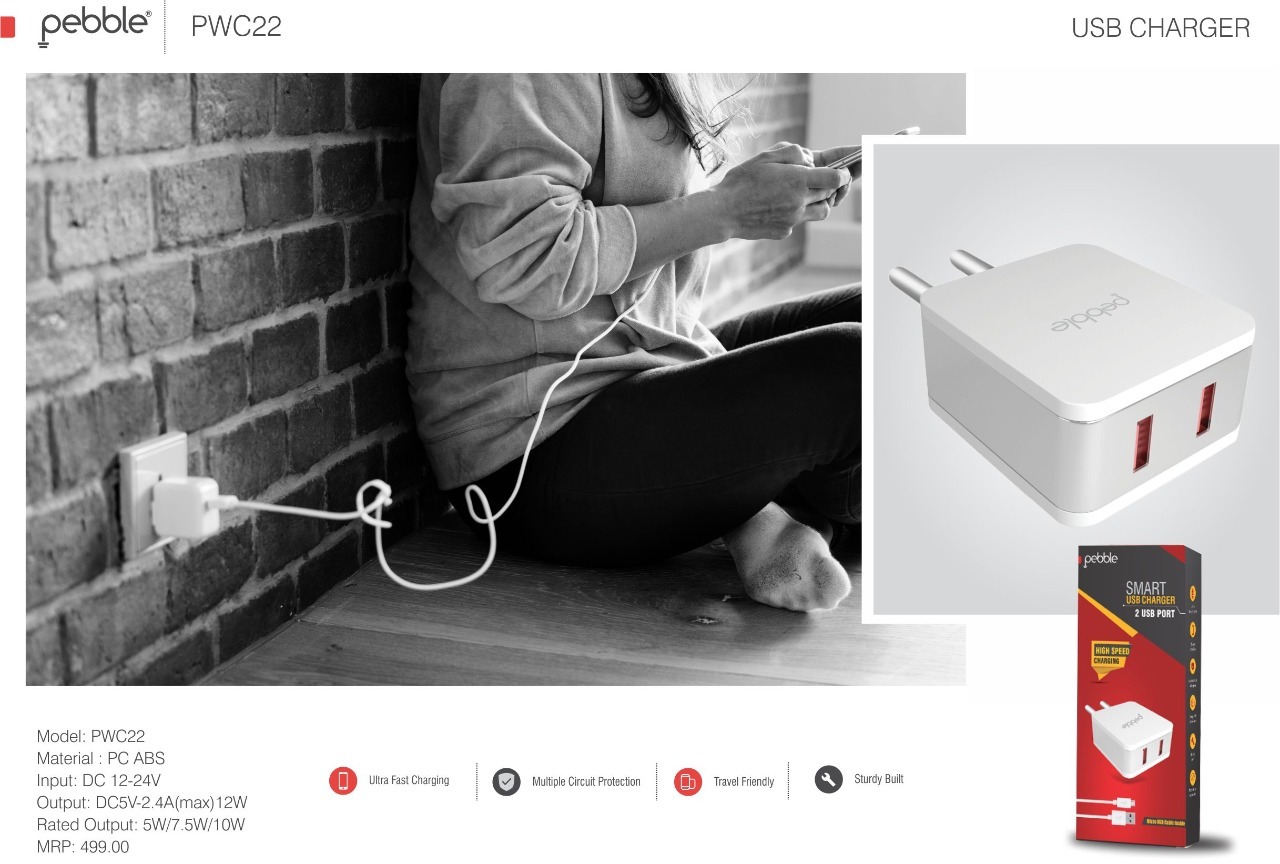 2 USB Port Wall Charger With 1mtr Micro USB Cable