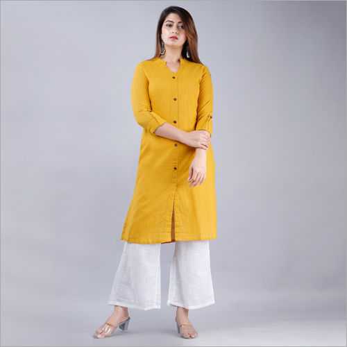 No Fade Cotton Slub Mustard Front Button Straight Kurti