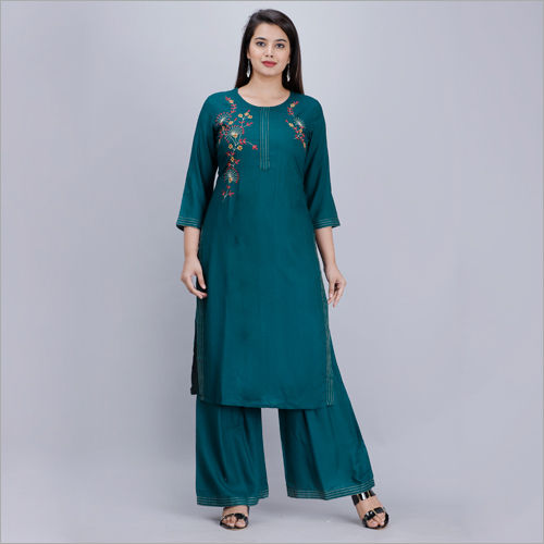 No Fade Rayon Green Embroidered Kurta Plazzo Set