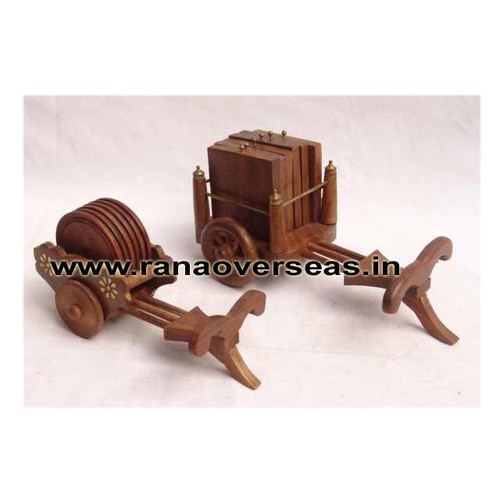 Wooden Carving Brass Inlay Bullock Cart Round and Square Shape Coaster Set