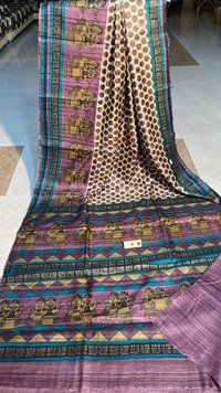 Pure Dupion Raw Silk Handloom Block Printed Saree