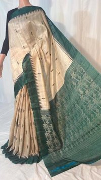Pure Tussar Silk Handloom Baster Figure Woven Saree With Temple Border