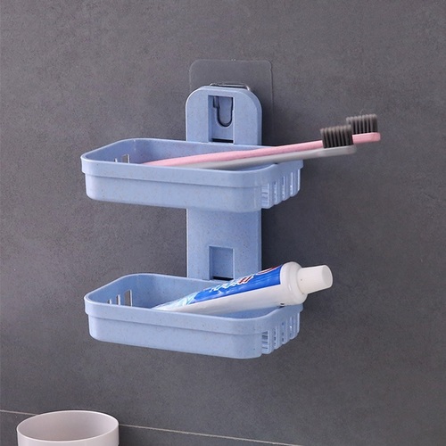 Double Layer Soap Dish Tray With Sticker - Wheat Straw, 13x7.8x15.3 Cm , Soap Case for Bathroom with Random Shade, Lightweight 150 gms