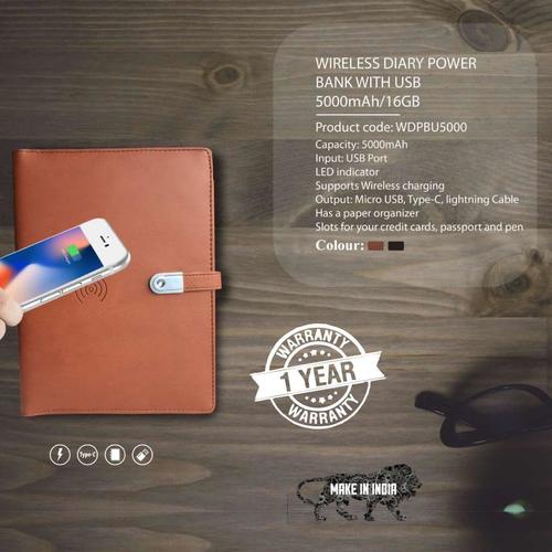Pu Leather Wireless Diary Power Bank 5000Mah With Usb 16 Gb