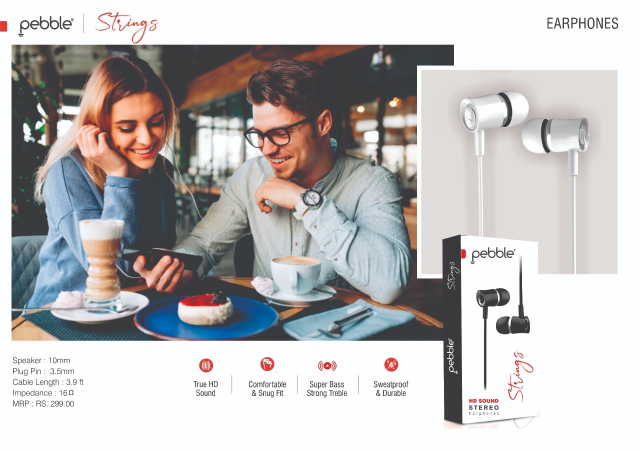 Pebble Strings Wired Earphones|Ture HD Sound Quality|Super Bass|Sweatproof And Durable