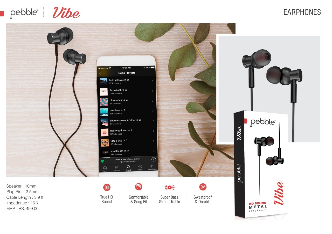 Pebble Vibe Wired Earphones|True HD Sound|Super Bass Strong Treble|Sweatproof