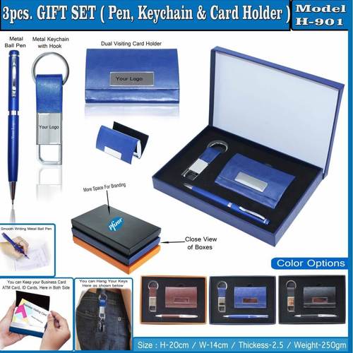 3 in 1 Gift Set - Metal Pen, Metal Hook Keychain, Dual Visiting Card Holder | High-Quality Material, Available in Brown, Blue, Black