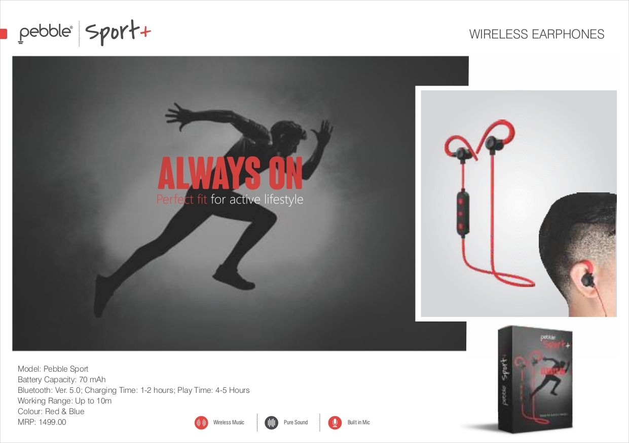 Pebble SPORT+ Wireless Earphones with Built in Mic|Pure Sound|Wireless Music