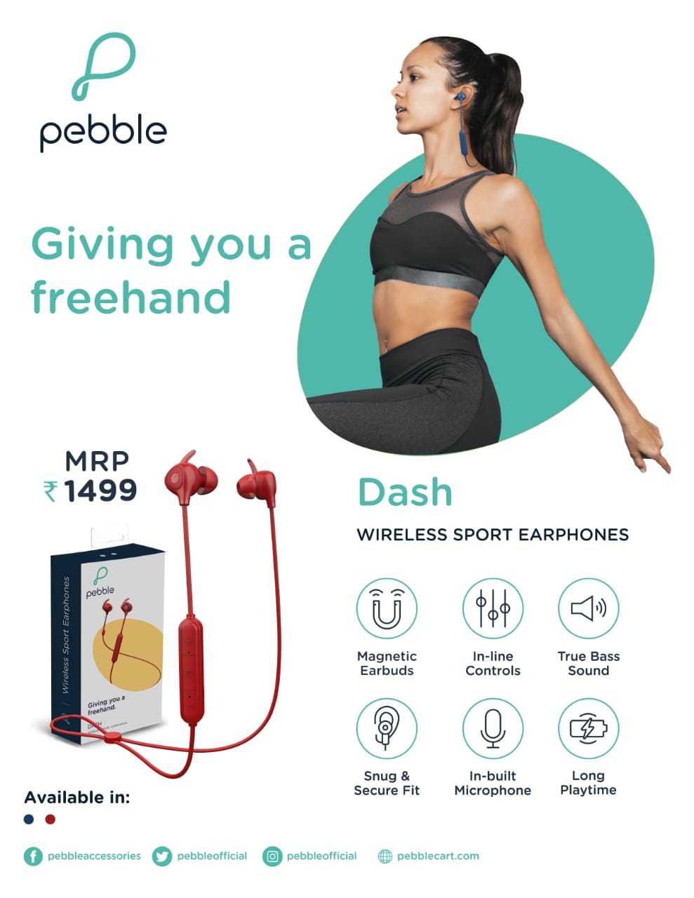 Pebble DASH Wireless Sport Earphones with Built in Mic|True Bass Sound|Wireless Music|Magnetic Earbuds|Long Play Time
