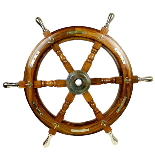 Round Brass Six Spoke Ship 12 Inch Wheel Wooden Stripe Steering Captain Boat Pirate Brown Black Ships Wall Decor Gift