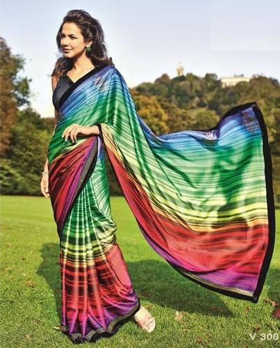 Heavy Pure Satin Silk Saree - 5.5 Meters Length, Multi-color Gorgeous Print For All Seasons - Bollywood Style Elegance