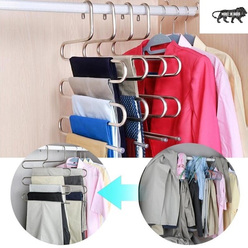 2 Pcs 5 Layer Metal Space Saving Hanger - Stainless Steel, 34 x 34 x 1 Cm , Plain Shade, Lightweight at 250 gms for Efficient Organization