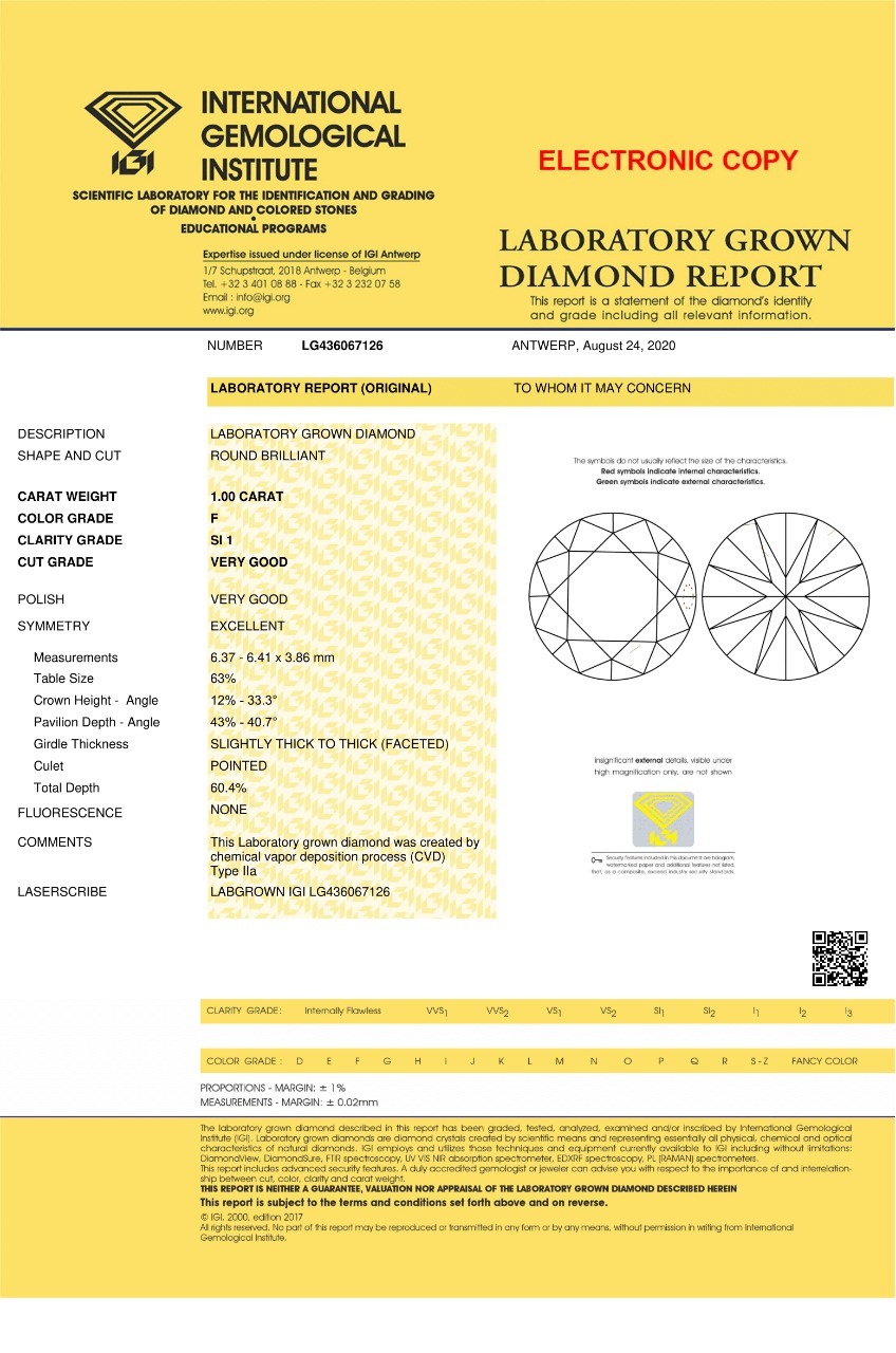 Round Brilliant Cut CVD 1ct Diamond F SI1 IGI Certified Lab Grown TYPE2A 436067126