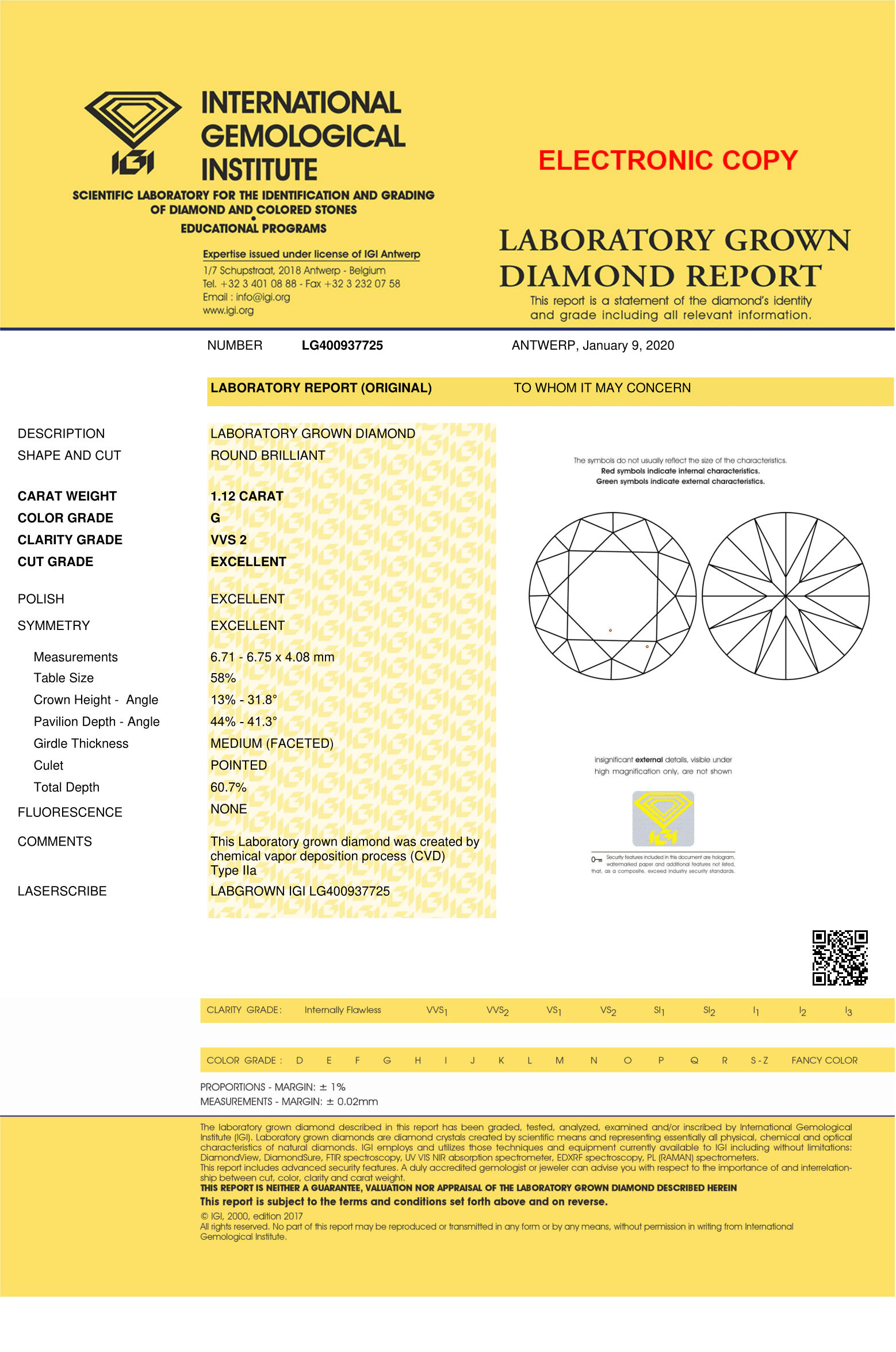 Round Brilliant Cut Lab Grown 1.12ct G VVS2 IGI Certified Diamond 400937725