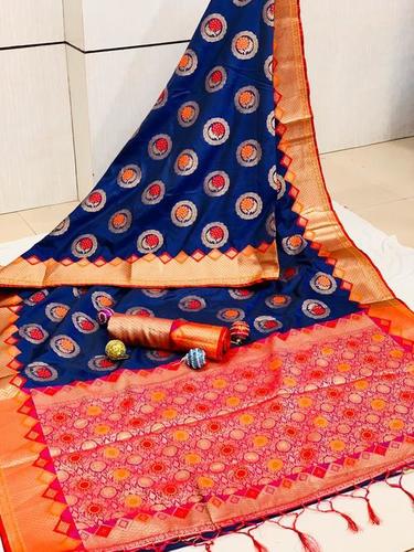Silk Saree with Golden Zari - Lichi Silk Multi Color Bollywood Style | Suitable for Rainy Spring Summer and Winter Seasons