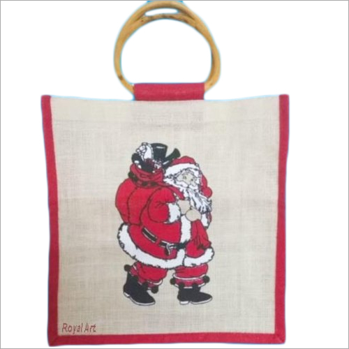 Jute Carry Bags - Jute, 12 x 12 x 4.5 Inch, Natural & Red | Eco-Friendly, Customized Colors, Designs, Logos, and Size Options, Printed Pattern