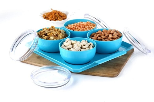 4 Pcs Dry Fruit Air Tight Bowl With Tray - Plastic Tray: 32 x 27 x 3.5 Cm Container: 13 x 8 Cm Air Tight Design for Kitchen Storage