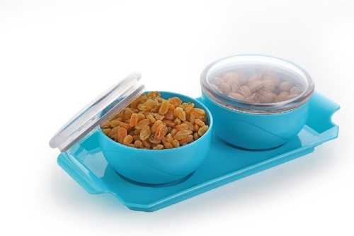 2 Pcs Dry Fruit Air Tight Bowl With Tray - Plastic Material, 32.5 x 15.4 x 3.5 Cm (Tray), 13 x 8 Cm (Bowl) , Air Tight Seal for Enhanced Freshness