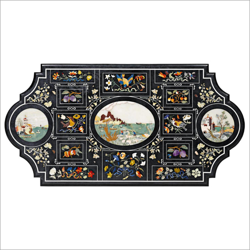 Decorative Black Marble Inlay Dining Table Top By MUGHAL INLAY ART