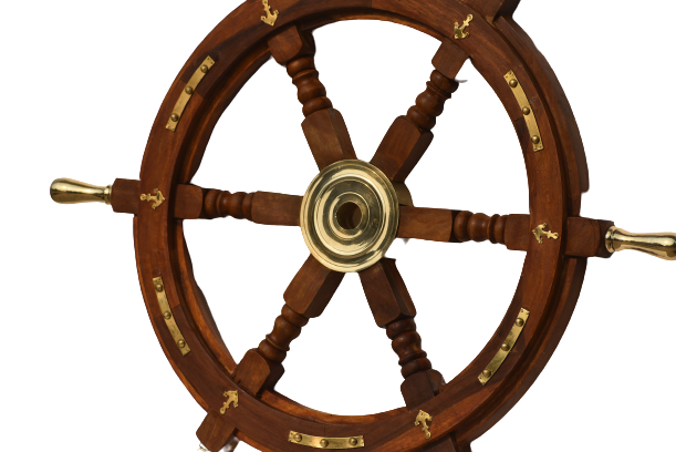 Brass Six Spoke Ship 24 Inch Wheel Wooden Stripe Steering, With Brass Handle And Anchor