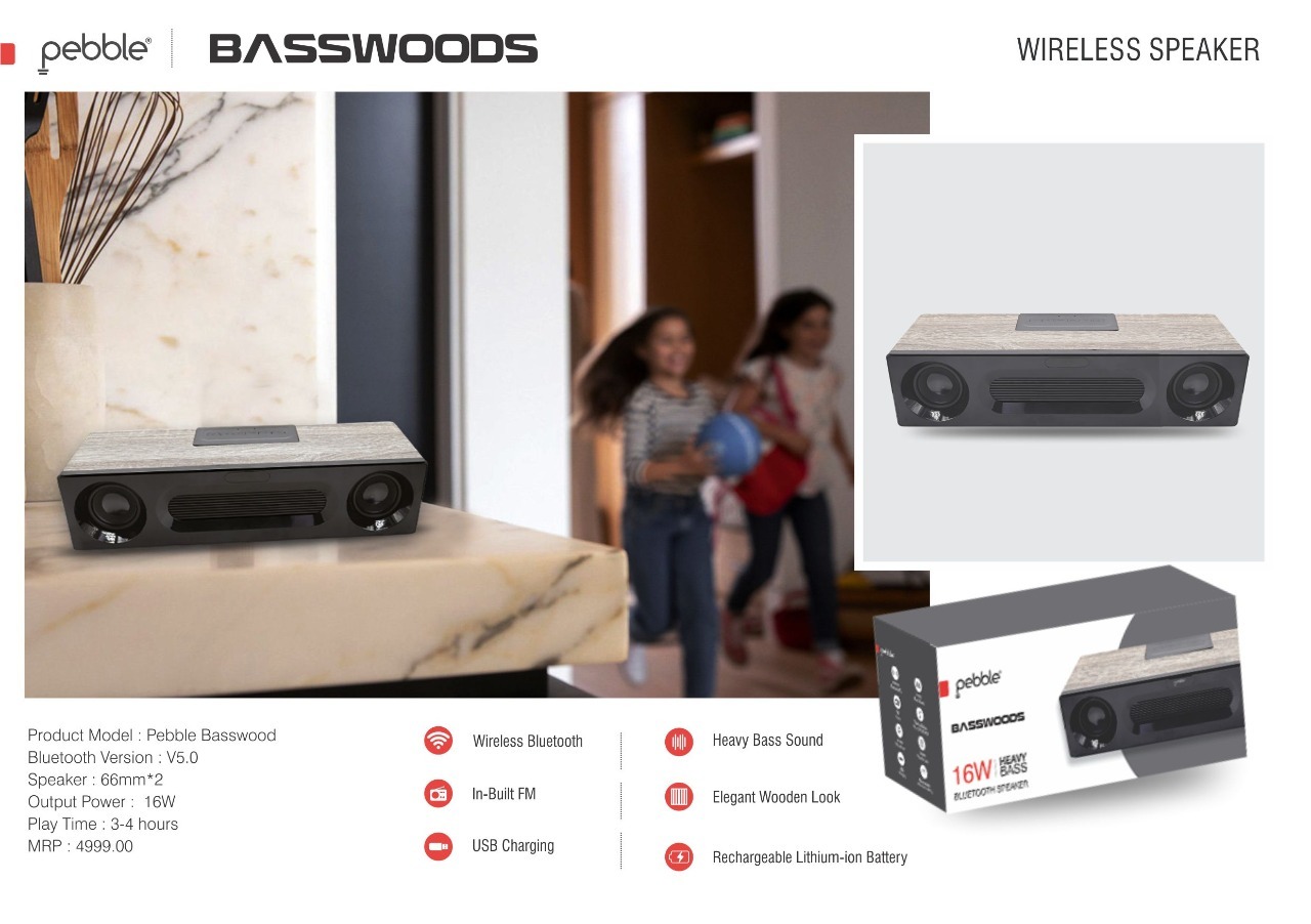Pebble Basswoods Wireless Bluetooth Speaker|heavy Bass Sound|elegant Wooden Look|multi Playing Option|in-built Fm