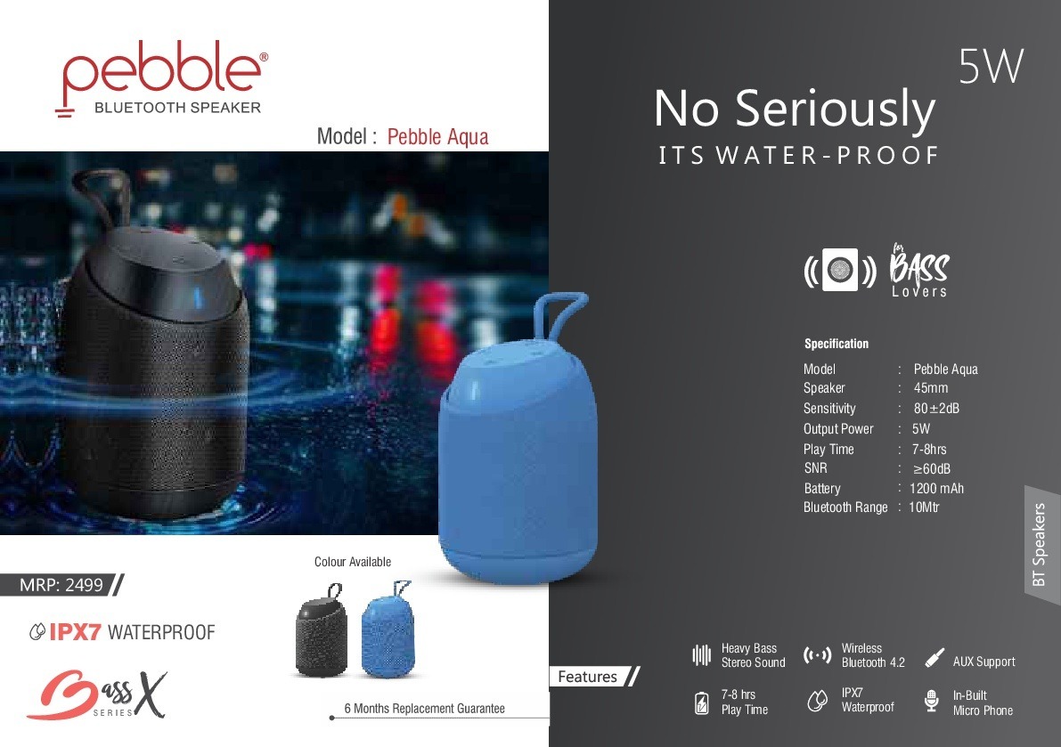 Pebble Aqua Wireless Bluetooth Speaker|Heavy Bass Sound|IPX7 Waterproof|In-built microphone|Aux Support