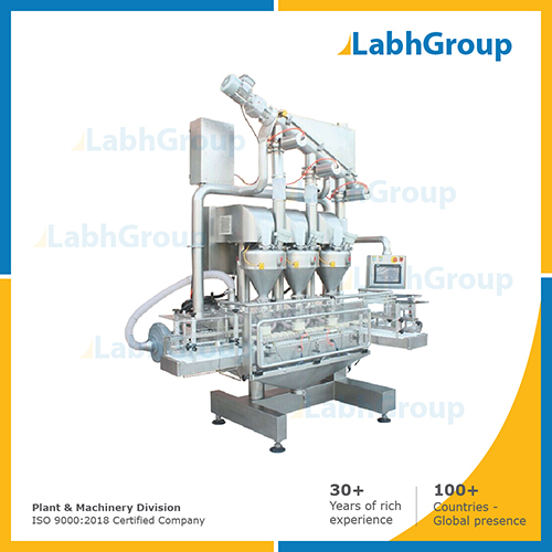 High speed linear container filling machine with triple auger filler ( up to 5 kg)
