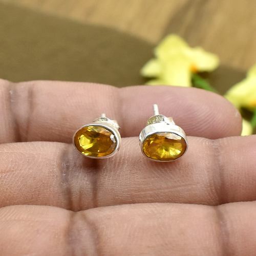 Yellow Color Zircon Round Gemstone 925 Sterling Silver Post Stud Earring For Women & Girls Weight: 1.6 Grams (G)