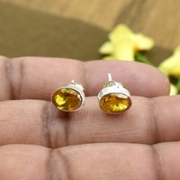 Yellow Color Zircon Round Gemstone 925 Sterling Silver Post Stud Earring For Women & Girls Weight: 1.6 Grams (g)