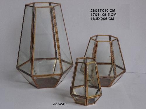 Geometric Metal and Glass Terrarium in Distressed Brass Finish By JANDAOOD & COMPANY