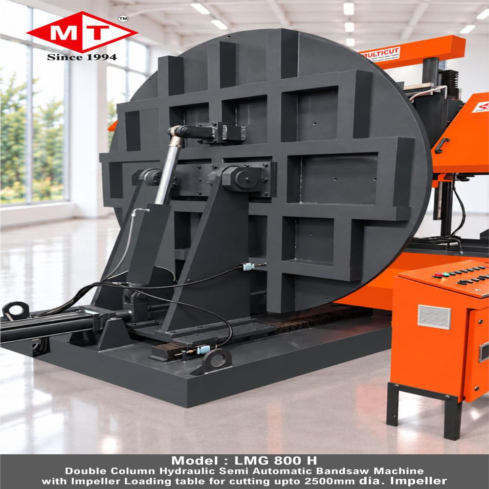 LMG-800 M Double Column Semi Automatic Band Saw Machine (With Pusher) - 8800 x 67 x 1.6 mm Blade Size, Green Color | Low Power Consumption, Hydraulic Clamping Vice, Manual Control
