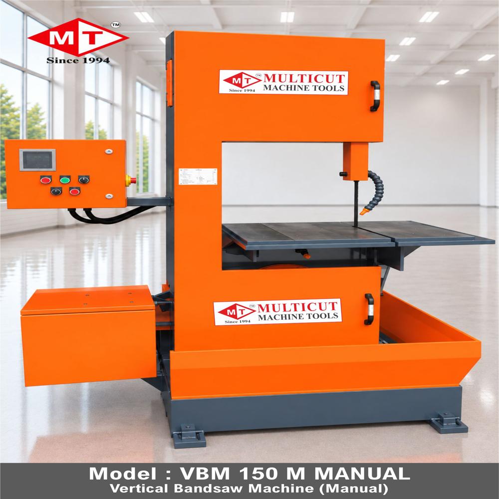 VBM-150 Vertical Saws - Steel Material 500 x 500 mm Table Size Red Color 150 mm Cutting Thickness 3 HP Electric Drive Manual Control System