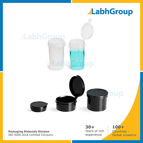 Plastic hinge top container for pharmaceutical medicine packaging